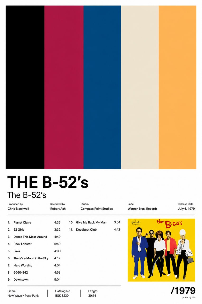 A Deconstructed poster for The B-52's debut album, featuring five large colour bars, album credits, the track list, original cover art, and the release year 1979.