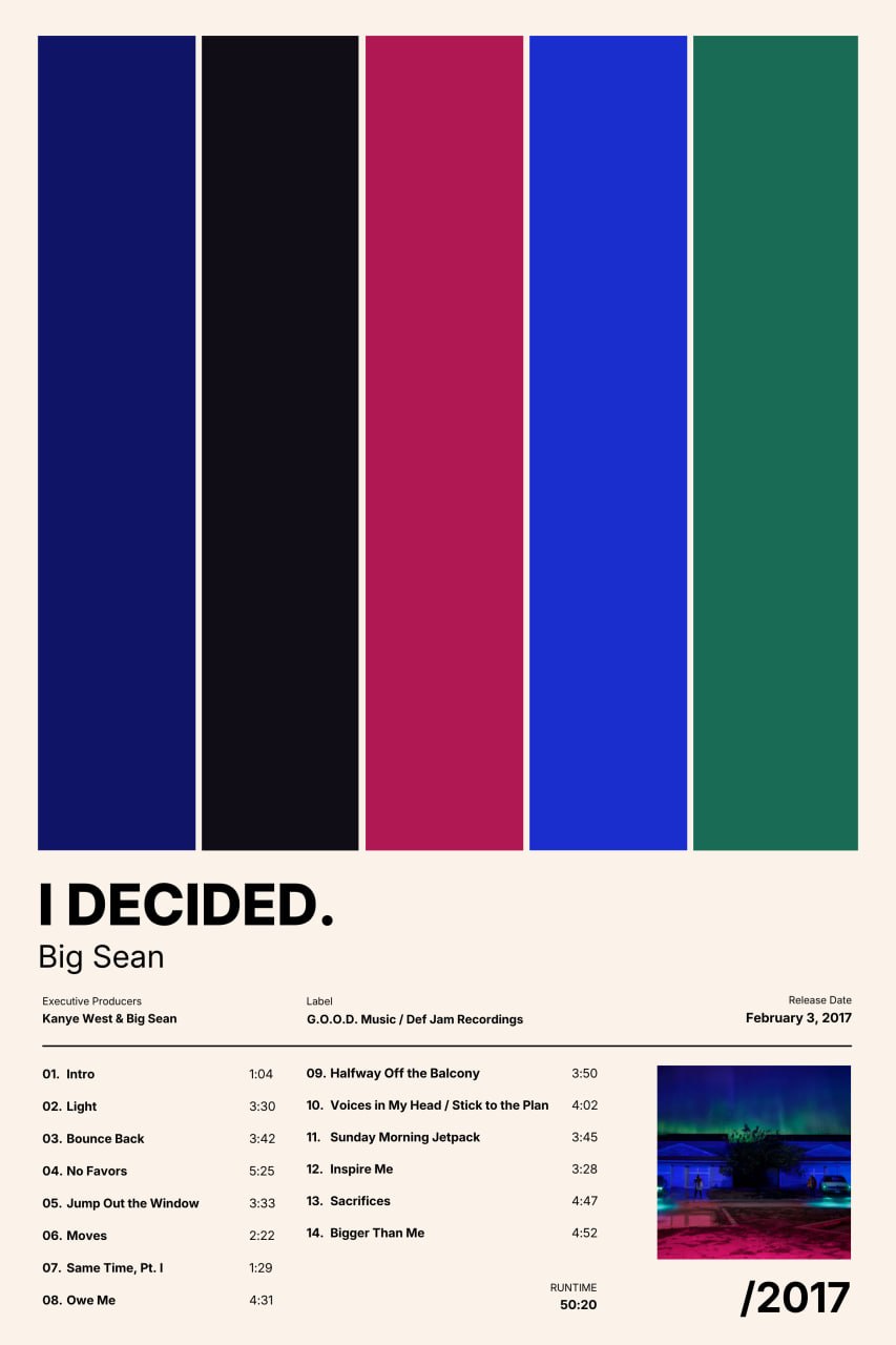 A Deconstructed poster for Big Sean's album I Decided., featuring five deep blue, black, magenta, electric blue, and green colour bars, verified credits, the track list, original cover art, and the release year 2017.